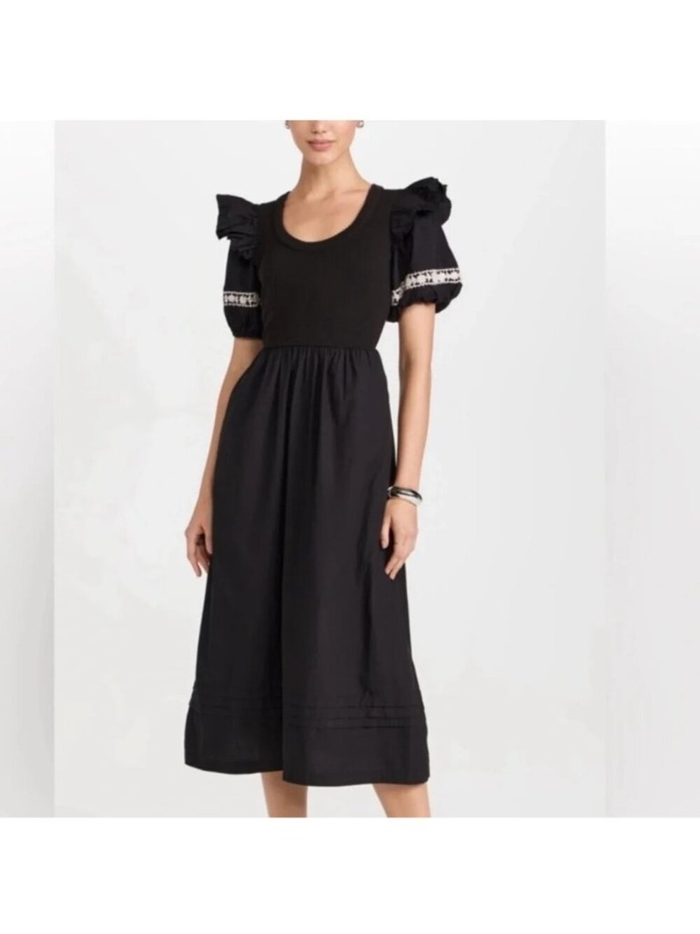 Cleobella Selma Midi Dress Womens Size Medium Black Puff Sleeves Boho Coquette